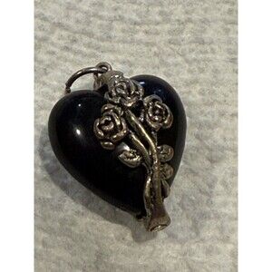 Vintage Black Onyx Hear Pendant Silver Tone Wrapped Rose Floral Estate Charm